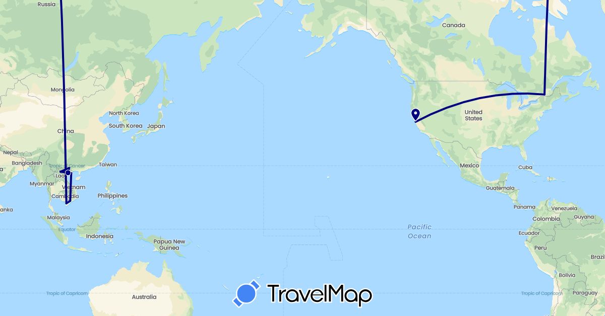 TravelMap itinerary: driving in Canada, United States, Vietnam (Asia, North America)